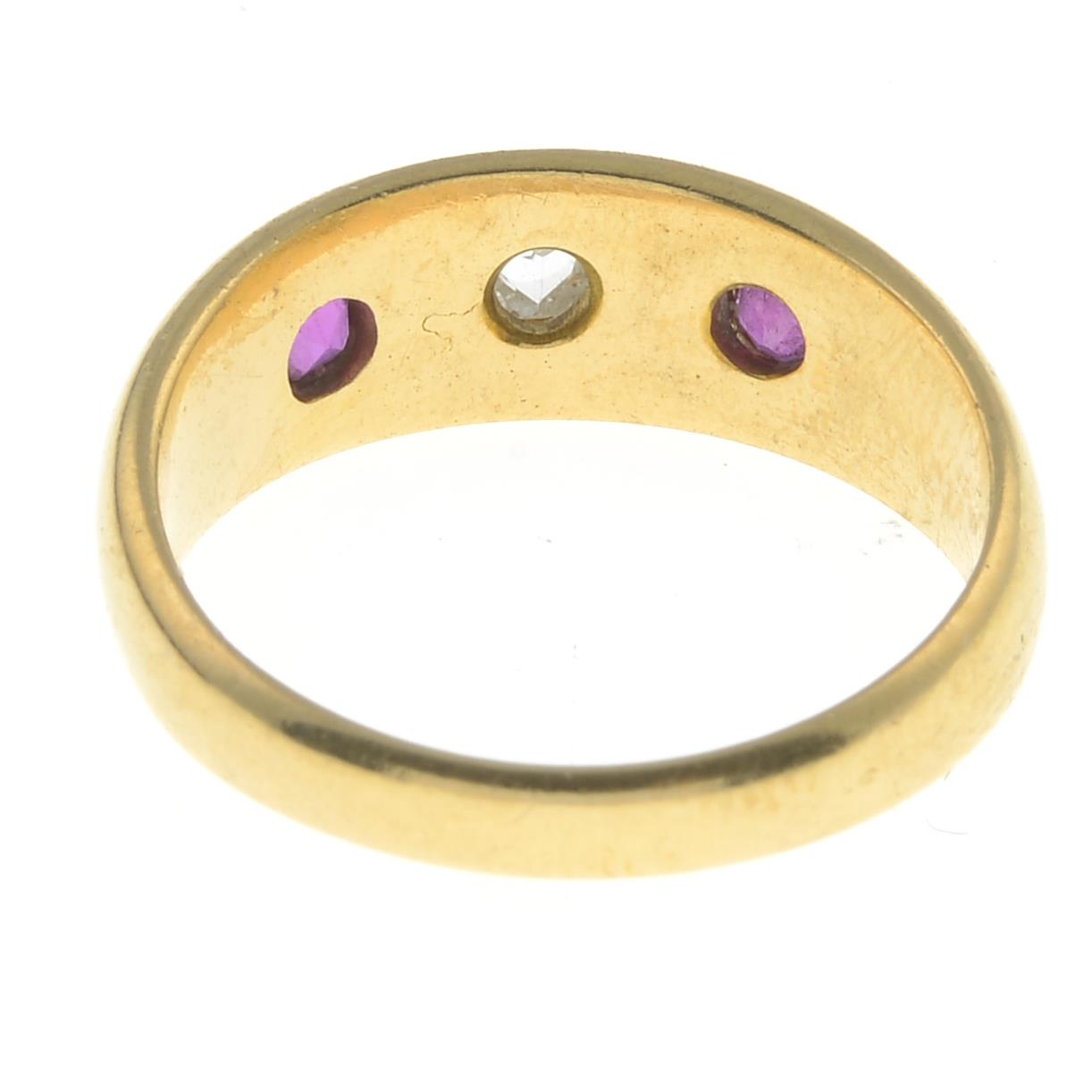 A late Victorian 18ct gold ruby and diamond three-stone ring.Hallmarks for Birmingham, 1899. - Image 2 of 2
