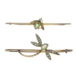 1920s 9ct gold green fluorite and split pearl winged insect bar brooch,