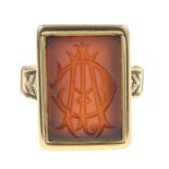 A late Victorian carnelian intaglio signet ring.Ring size O.