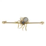 An early 20th century 15ct gold sapphire and mabe pearl spider brooch.Stamped 15CT.