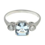 An aquamarine and brilliant-cut diamond three-stone ring.Aquamarine weight 1.35cts.Total diamond