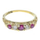 An Edwardian 18ct gold synthetic ruby and diamond five-stone ring.