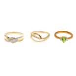 9ct gold peridot and diamond three-stone ring, hallmarks for 9ct gold, ring size J, 2gms.