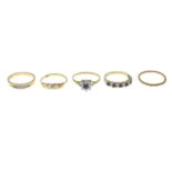 9ct gold sapphire and cubic zirconia ring, hallmarks for 9ct gold, ring size O1/2, 1.5gms.