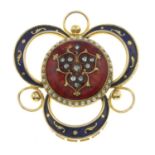 A diamond and enamel brooch, with central panel replacement.