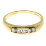 An 18ct gold brilliant-cut diamond five-stone ring.Total diamond weight 0.25ct,