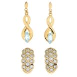 9ct gold colourless cubic zirconia earrings, hallmarks for 9ct gold, length 1.7cms, 7.7gms.