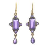 A pair of amethyst earrings.Length 3.8cms.