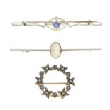 Early 20th century 15ct gold and platinum moonstone bar brooch,