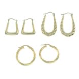 Three pairs of hoop earrings.Stamped 375.