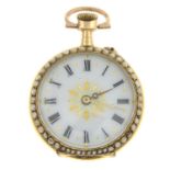 A lady's early 20th century 14ct gold split pearl and polychrome enamel pocket watch.Stamped 14K.