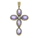 A 9ct gold amethyst and imitation pearl cross pendant.Hallmarks for 9ct gold.