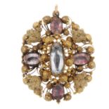 A mid Victorian gold aquamarine and pink gem brooch.May be worn as a pendant.
