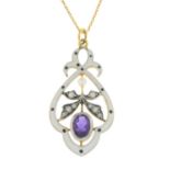 An amethyst, split and seed pearl enamel pendant,