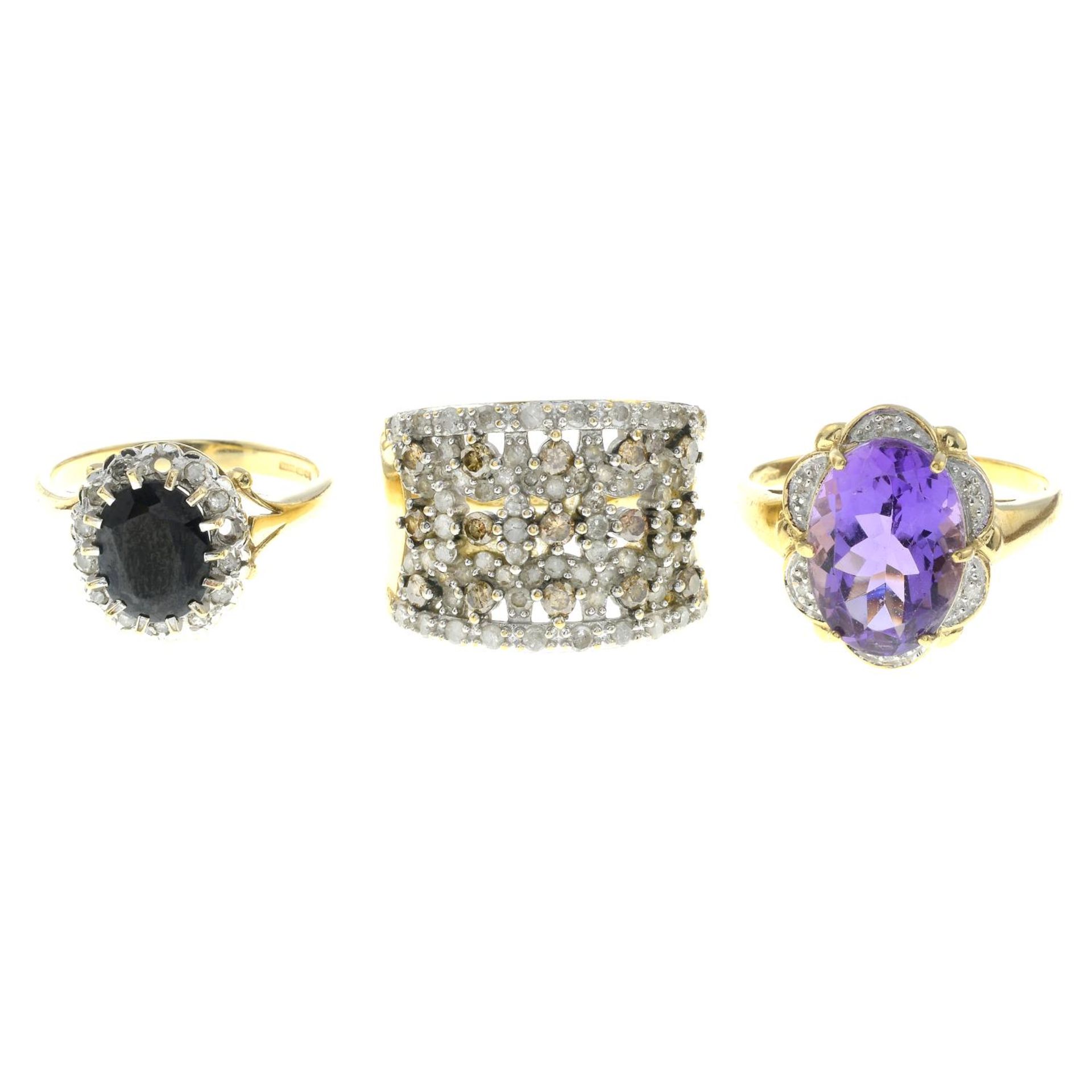 9ct gold diamond and 'coloured' diamond dress ring,