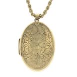 A 9ct gold locket, with 9ct gold rope-twist chain.Hallmarks for 9ct gold.