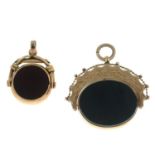 Two late Victorian 9ct gold bloodstone and carnelian swivel fobs.