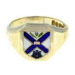 A 9ct gold and enamel signet ring.Hallmarks for London, 1954.