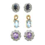 9ct gold amethyst and diamond cluster earrings, hallmarks for 9ct gold, length 0.9cm, 1.9gms.