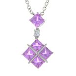 A pink sapphire and brilliant-cut diamond pendant,