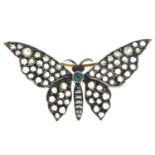 A rose-cut diamond, emerald and ruby butterfly brooch.
