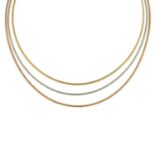 A 9ct gold tri-colour necklace.Hallmarks for 9ct gold.