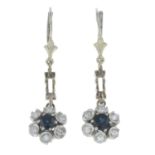 A pair of sapphire and single-cut diamond earrings.Estimated total diamond weight 0.25ct.Stamped