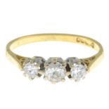 An 18ct gold brilliant-cut diamond three-stone ring.