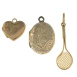 Heart-shape locket, stamped 9CT, length 1.5cms, 1gm.Oval locket, length 2.4cms, 1.9gms.