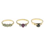 9ct gold ruby and diamond three-stone ring,