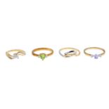 9ct gold amethyst and diamond three-stone ring, hallmarks for 9ct gold, ring size O, 1.4gms.