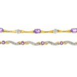 Two 9ct gold amethyst and diamond bracelets.Estimated total diamond weight 0.15ct.