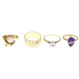 Four 9ct gold rings, to include a cultured pearl and diamond dolphin ring.