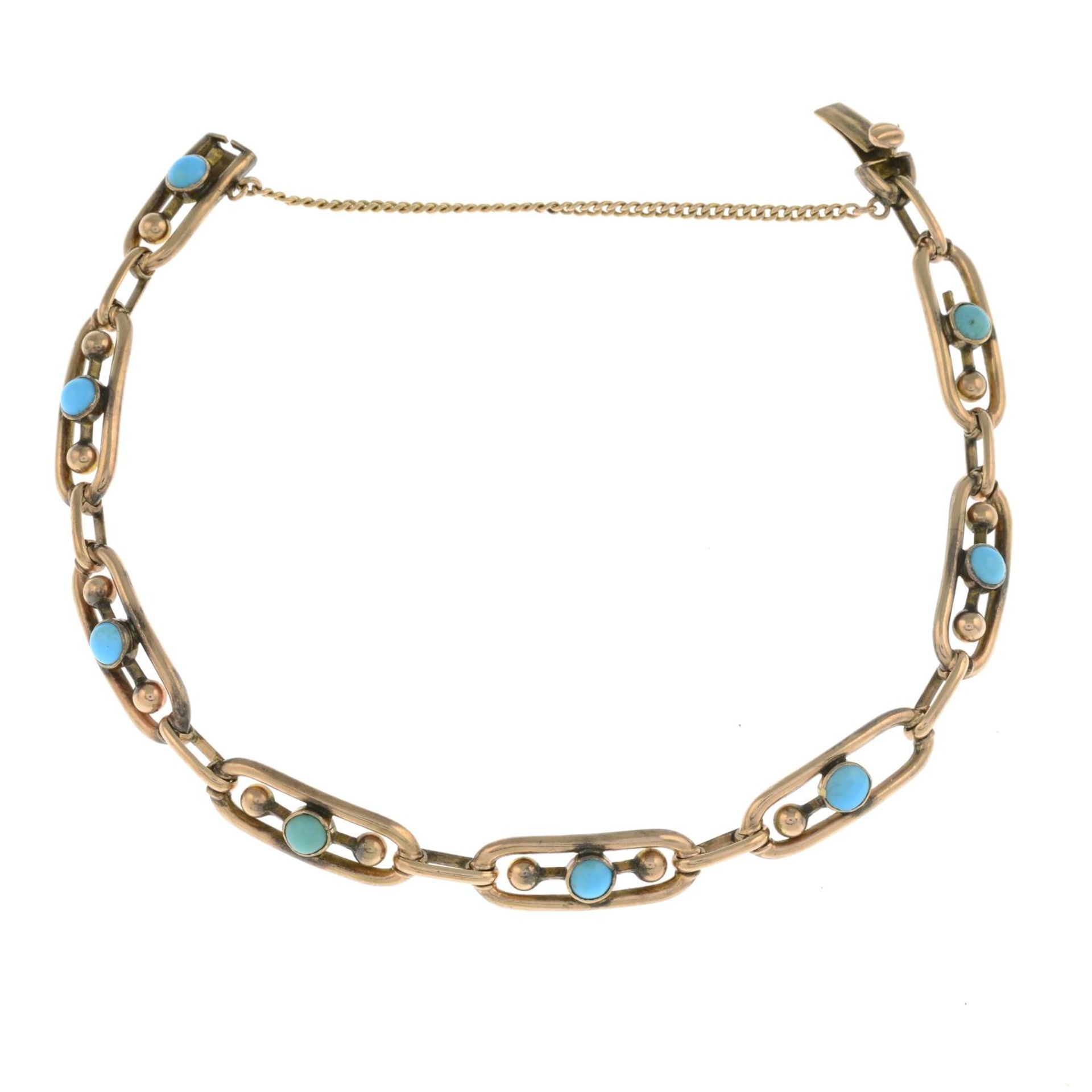 An early 20th century 9ct gold turquoise bracelet. - Bild 2 aus 3