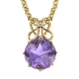 A 9ct gold amethyst pendant, with 9ct gold chain.Hallmarks for 9ct gold.