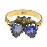 A blue garnet-topped-doublet double heart ring, with band replacement.