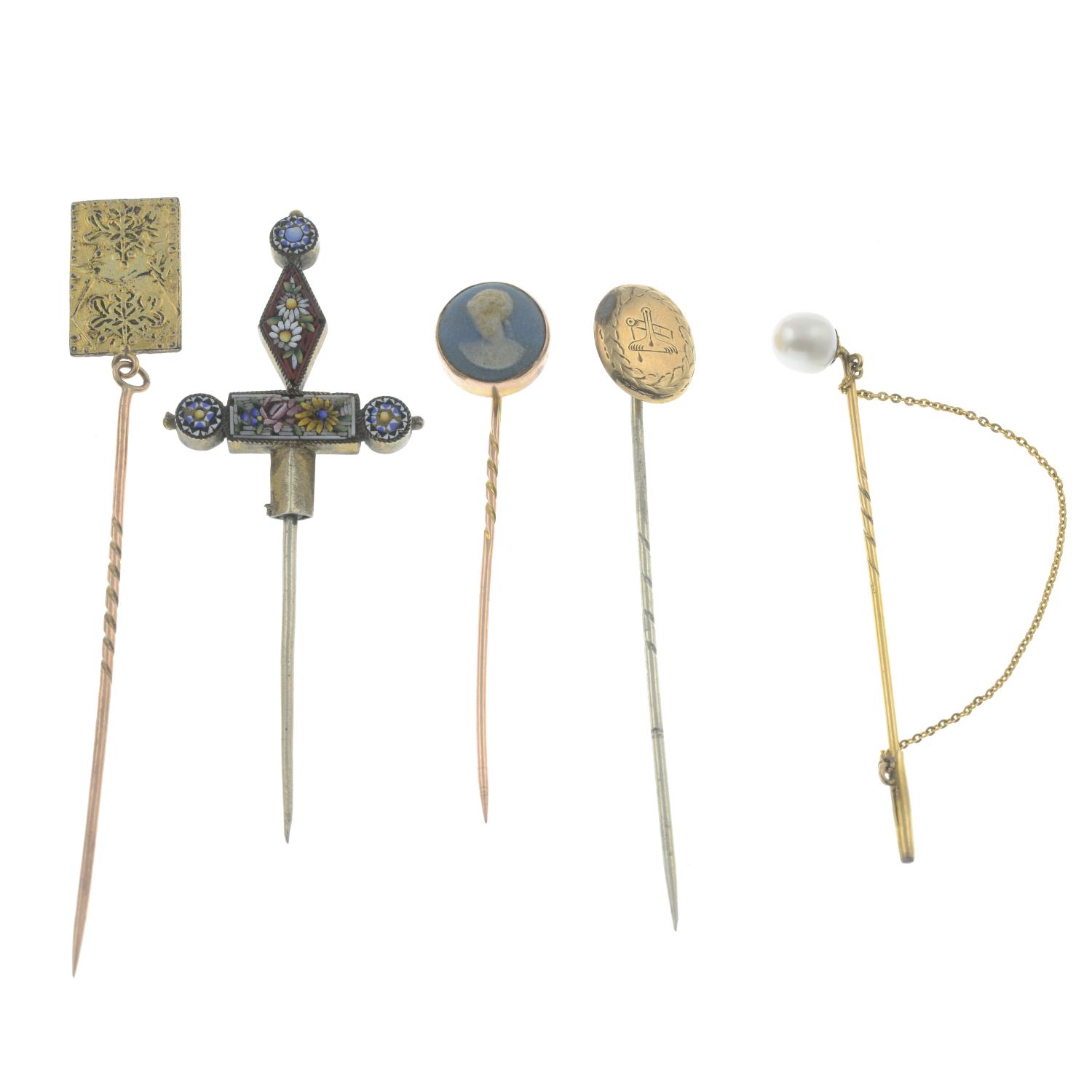 Six stickpins.Lengths of stickpin heads 0.5 to 3.8cms. - Image 2 of 2