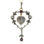 A moonstone, ruby and diamond pendant,