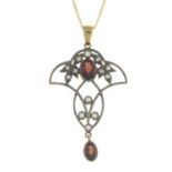 A garnet, diamond and seed pearl pendant,