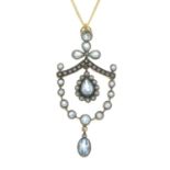 A blue topaz, split pearl and diamond drop pendant,