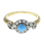 A diamond and blue paste crossover ring.One diamond deficient.