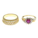 9ct gold synthetic ruby and diamond dress ring, hallmarks for Birmingham, ring size O1/2, 2.5gms.
