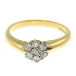 An 18ct gold vari-cut diamond cluster ring.Estimated total diamond weight 0.25ct.Hallmarks for