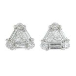 A pair of vari-cut diamond earrings.Estimated total diamond weight 0.40ct.Length 0.7cm.