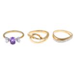 9ct gold amethyst and diamond floral ring, hallmarks for 9ct gold, ring size K, 1.6gms.