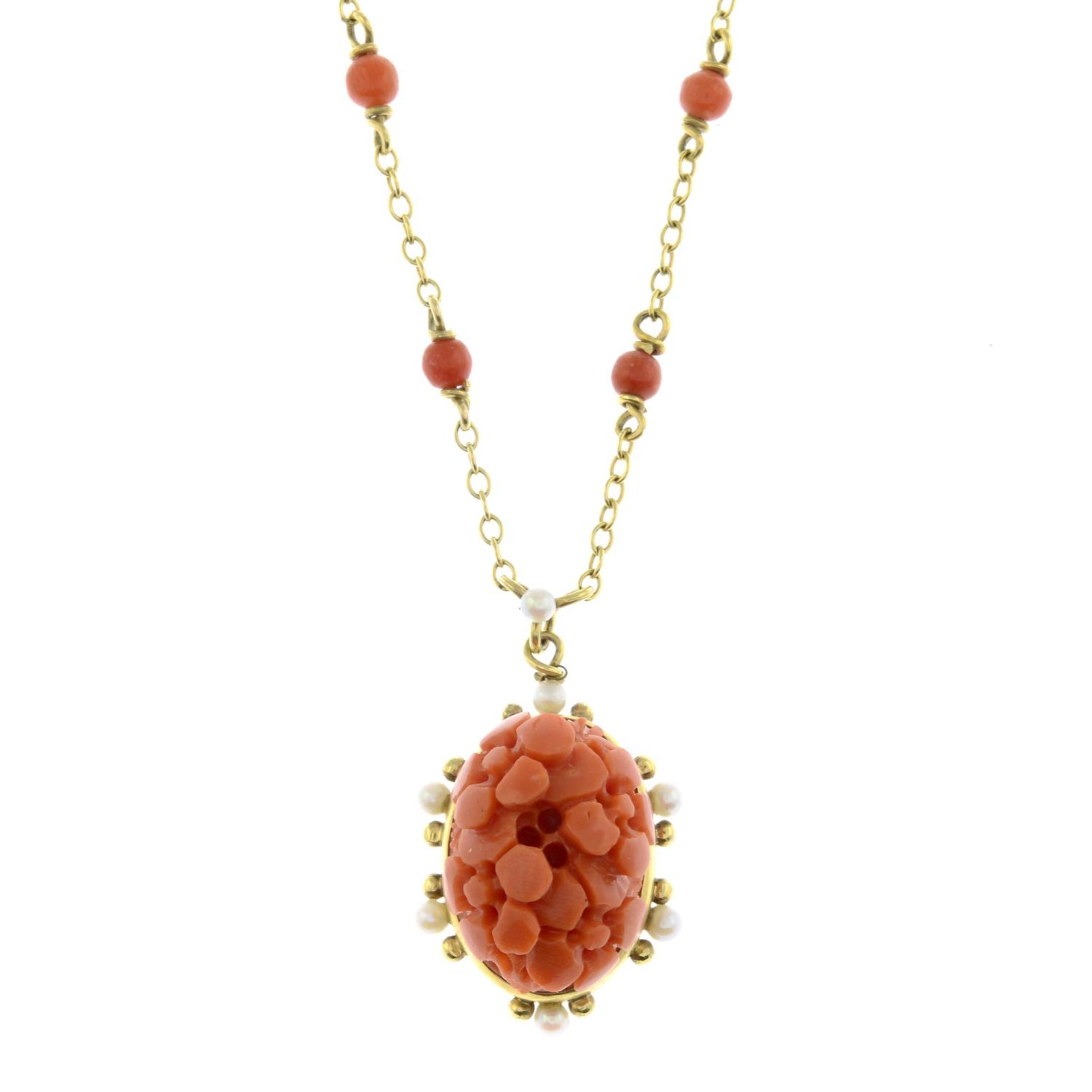 A 1970s 9ct gold coral and seed pearl necklace, by Deakin & Francis.