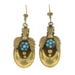 A pair of late 19th century turquoise drop earrings.Length 4.2cms.