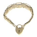 A 9ct gold bracelet, gather at a 9ct gold padlock clasp.Hallmarks for 9ct gold.