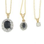 9ct gold sapphire and diamond cluster pendant,