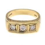 A gentleman's 9ct gold brilliant-cut diamond three-stone ring.Estimated total diamond weight